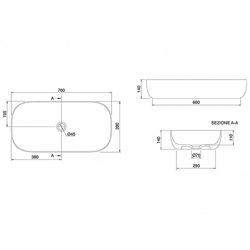 Раковина, Scarabeo Glam шгв 760*390*140 отверстия для смесителя-отсутствуют BIOKER цвет-Ardesia 180349BK