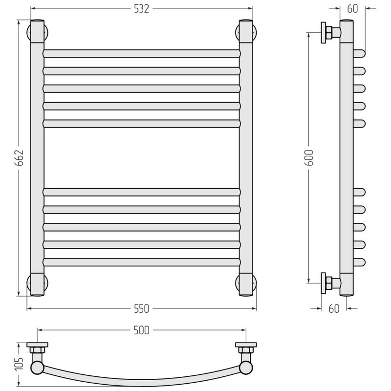 Полотенцесушитель, Сунержа, Богема +, выгнутая. шгв 550*105*662, цвет-латунь состаренная