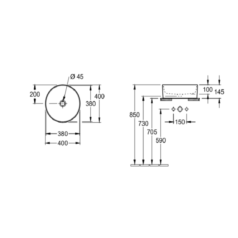 Раковина, Villeroy&Boch, Collaro, шгв 400*400*145, отверстия для смесителя-отсутствуют, CeramicPlus, цвет-альпийский белый