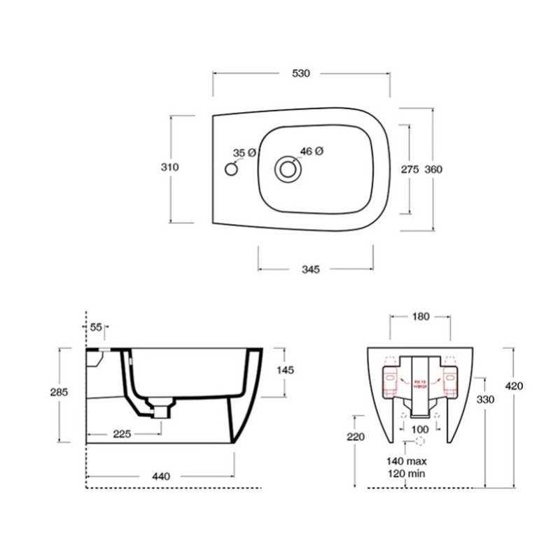 Биде, , Wunder, подвесной, шгв 360*530*285, Aliglaze+, с набором для крепления, цвет-белый Alice 45010101SET