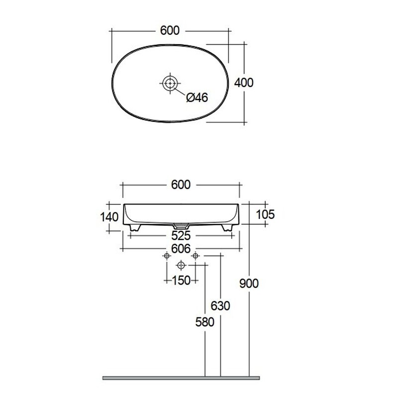 Раковина, Kludi, RESA O, шгв 600*400*140, отверстия для смесителя-отсутствуют, цвет-белый