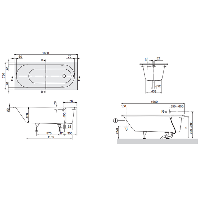 Ванна, Villeroy&Boch, Oberon, шгв 1600*750*450, цвет-белый