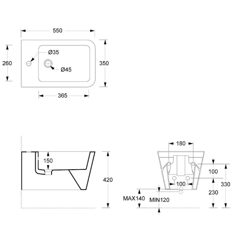 Биде, , Hide, подвесной, шгв 350*550*285, Aliglaze+, цвет-черный матовый Alice 31220108