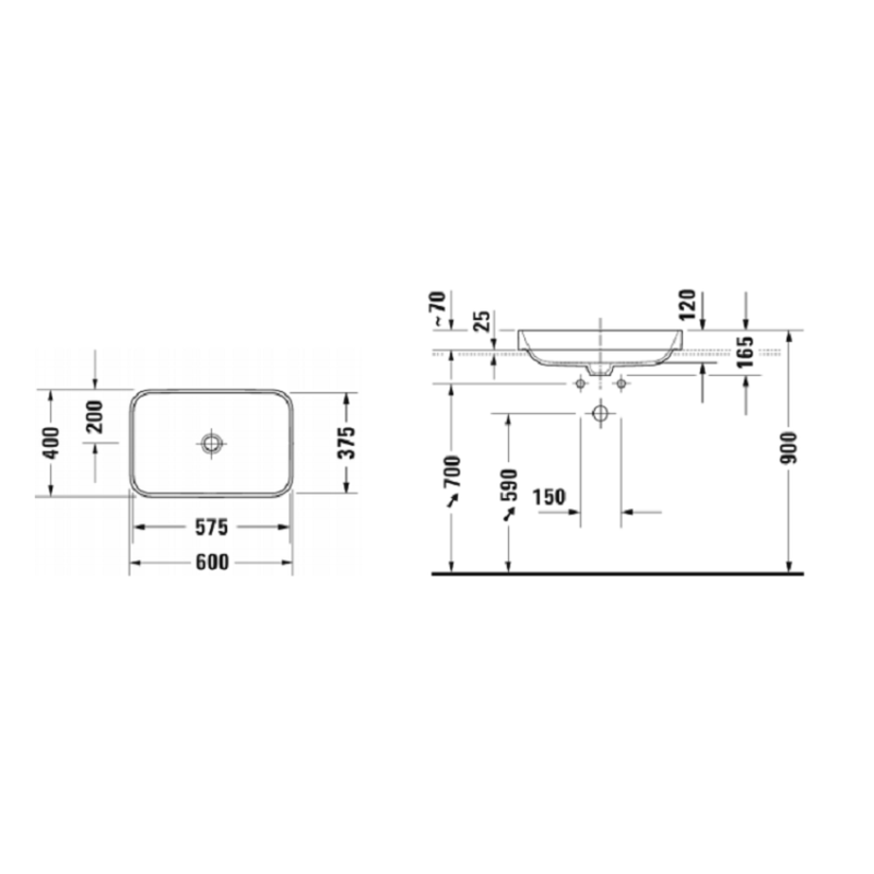 Раковина, Duravit, Happy D.2 Plus, шгв 600*400*165, отверстия для смесителя-отсутствуют, цвет-антрацит матовый