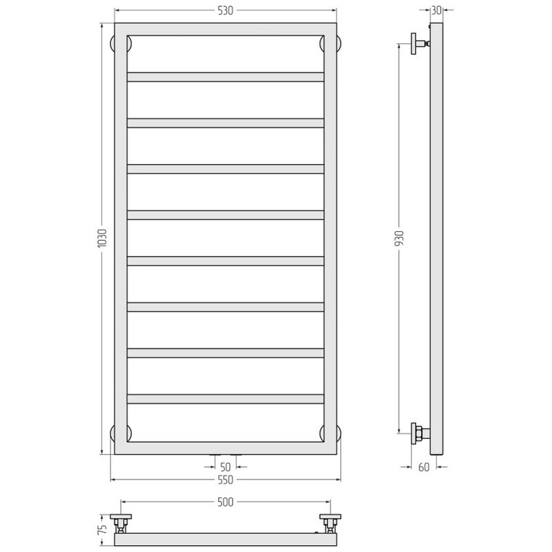 Полотенцесушитель, Сунержа, Канцлер, шгв 550*75*1030, нижнее, цвет-черный матовый