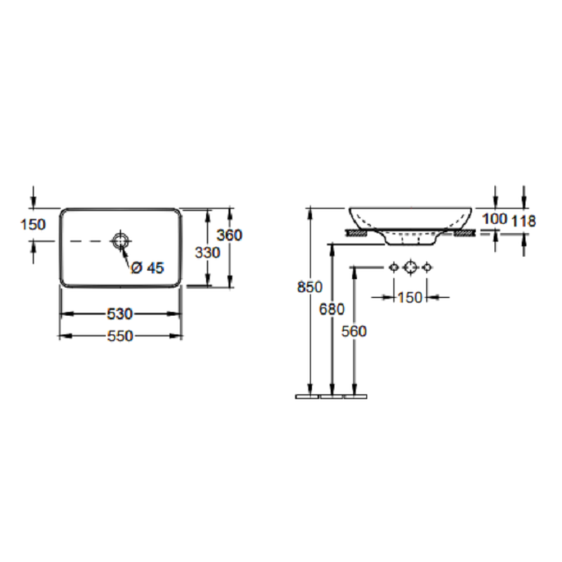 Раковина, Villeroy&Boch, Venticello, шгв 550*360*118, отверстия для смесителя-отсутствуют, цвет-альпийский белый