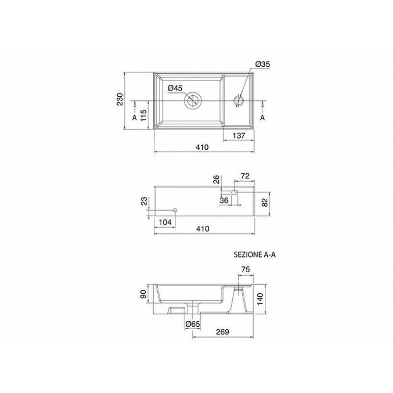 Раковина, Scarabeo, Teorema, шгв 410*230*140, отверстия для смесителя-1, цвет-белый