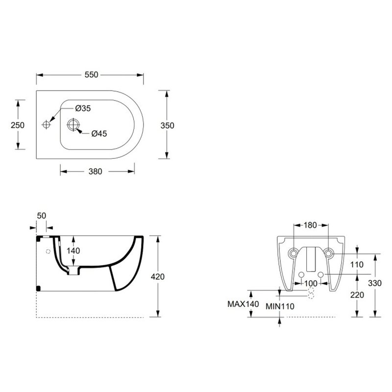 Биде, , Unica, подвесной, шгв 350*550*285, Aliglaze+, с набором для крепления, цвет-белый матовый Alice 32250109SET