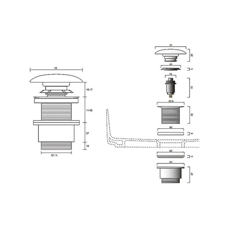 Донный клапан, CIELO, 1 1/4, диаметр, мм-72, универсальный, цвет-хром/Avena
